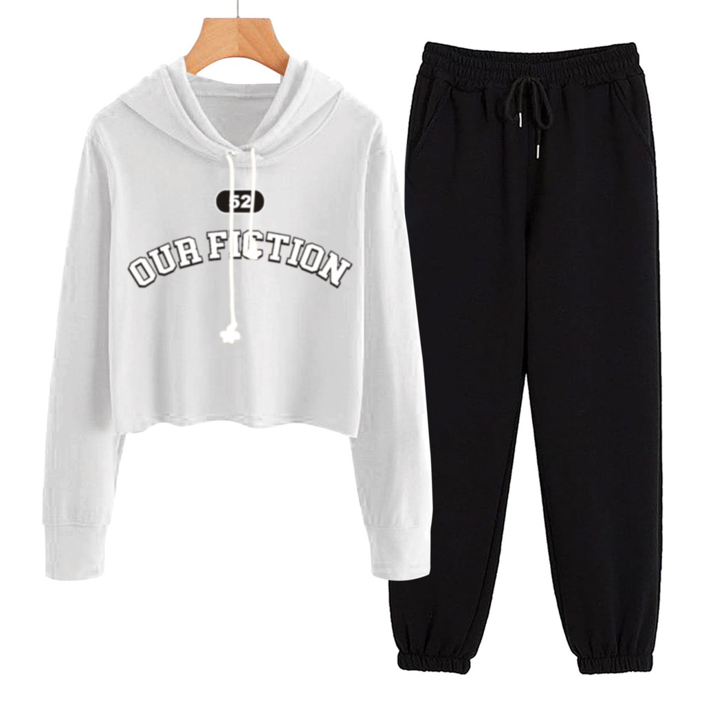 BESS - Baju Setelan Wanita Murah / Setelan Hoodie Crop + Jogger Hitam - OUR FICTION