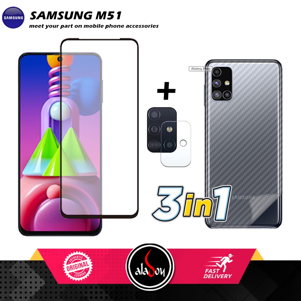 PAKET 3 IN 1 Tempered Glass Layar Samsung M51 Free Tempered Glass Camera dan Skin Carbon
