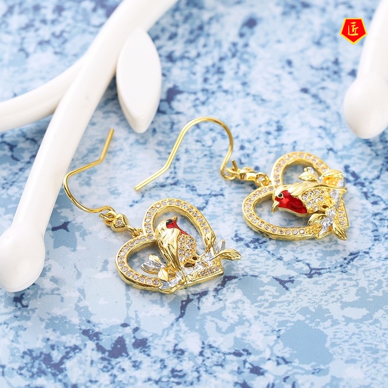 [Ready Stock]Creative Bird Heart-Shaped Diamond Earrings