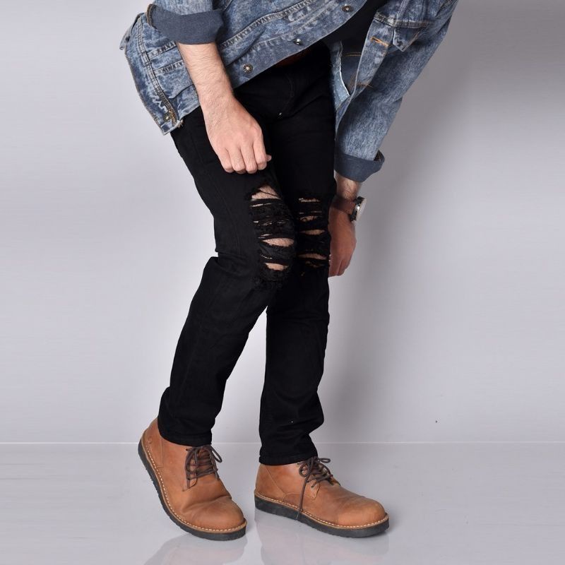 Celana sobek pria hitam sobek jeans stretch murah promo cod jeans hitam sobek