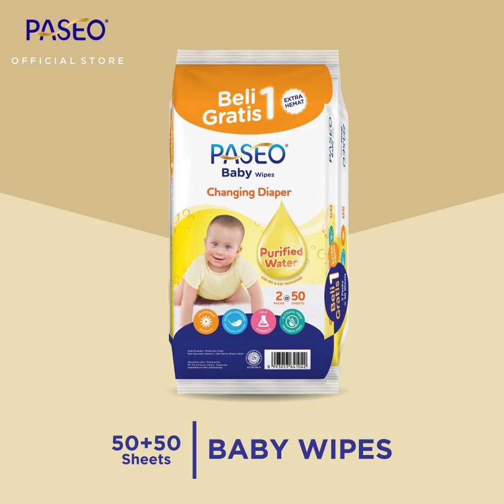 Paseo Baby Wipes Changing Diaper /  Tissue Basah 50 Sheets BUY 1 GET 1