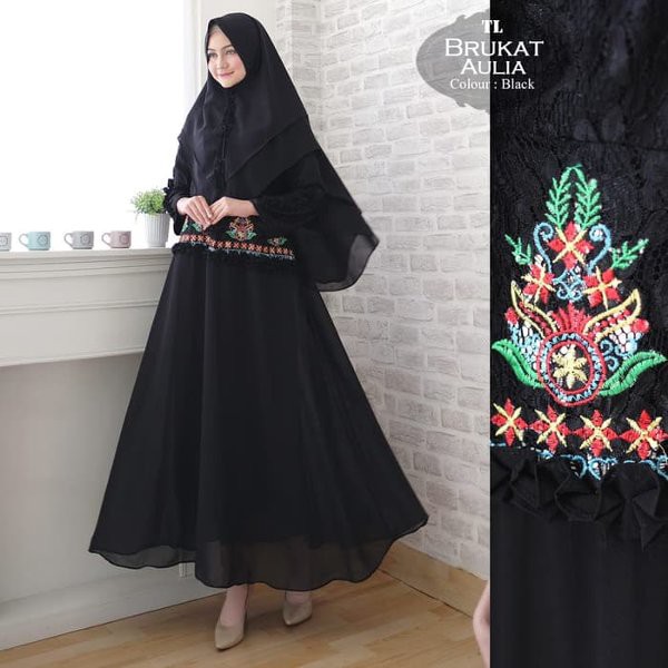 Baju Muslim Wanita Syari Ceruty Aulia Black TL - Gamis Wanita Ceruty Hitam