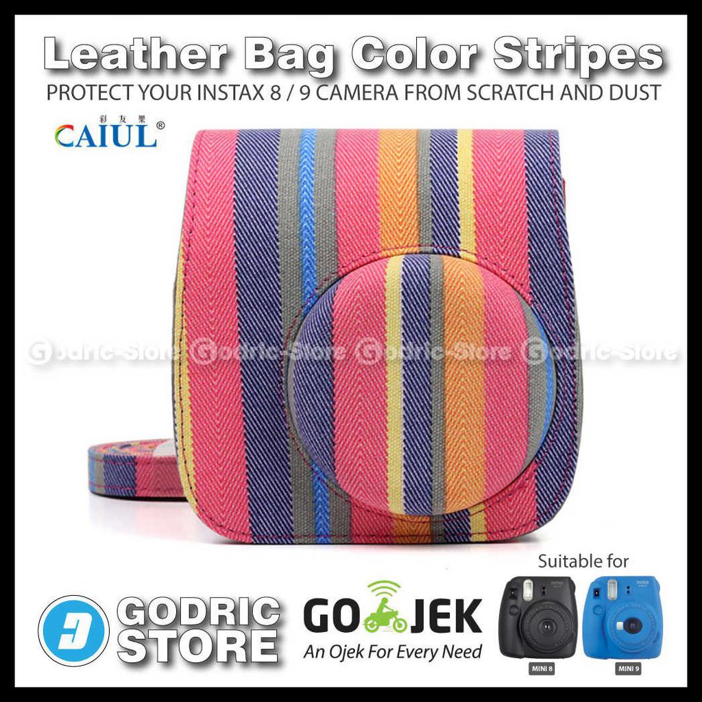 {BISA COD} Fujifilm Leather Bag Kamera Instax Mini 8 & 9 Tas Polaroid Color Stripes Case BERGARANSI