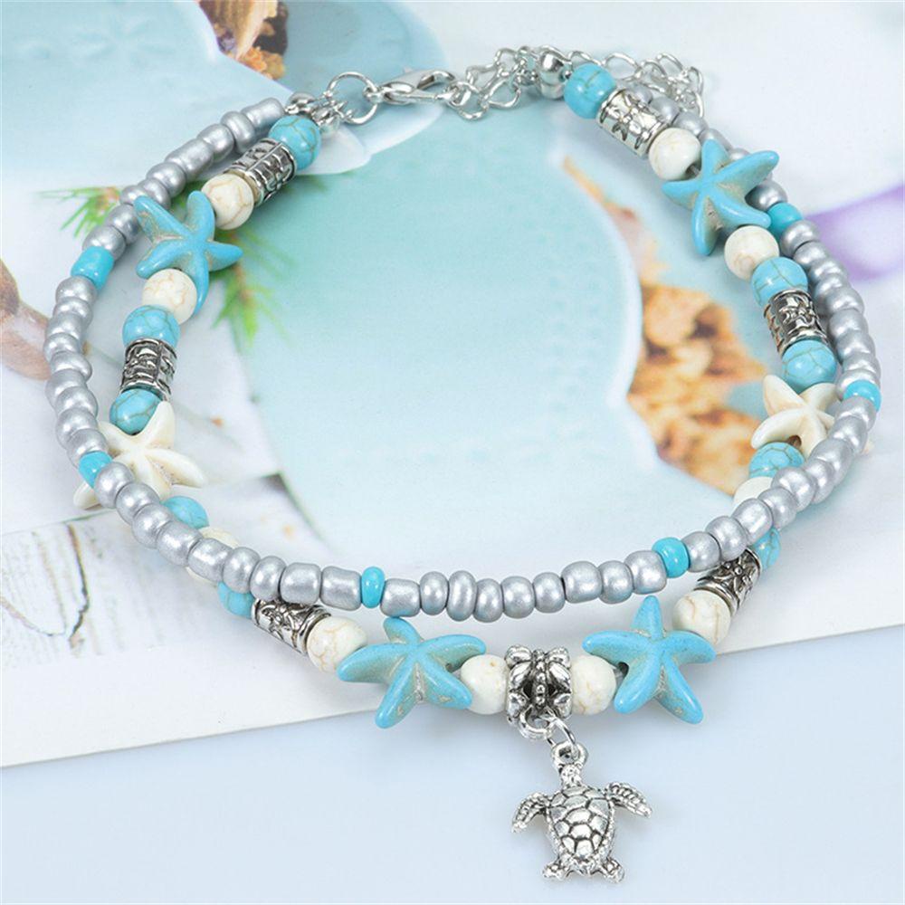 Gelang Kaki Penyu Nanas Gaya Pantai Dapat Disesuaikan Rantai Drop Double-deck Ocean Pendant Turquoise Foot Chain