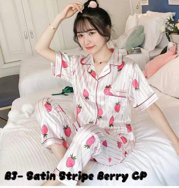 Piyama PP satin stripe strawberry.pajamas/homewear/sleepwear panjang salur motif strawberry kekinian