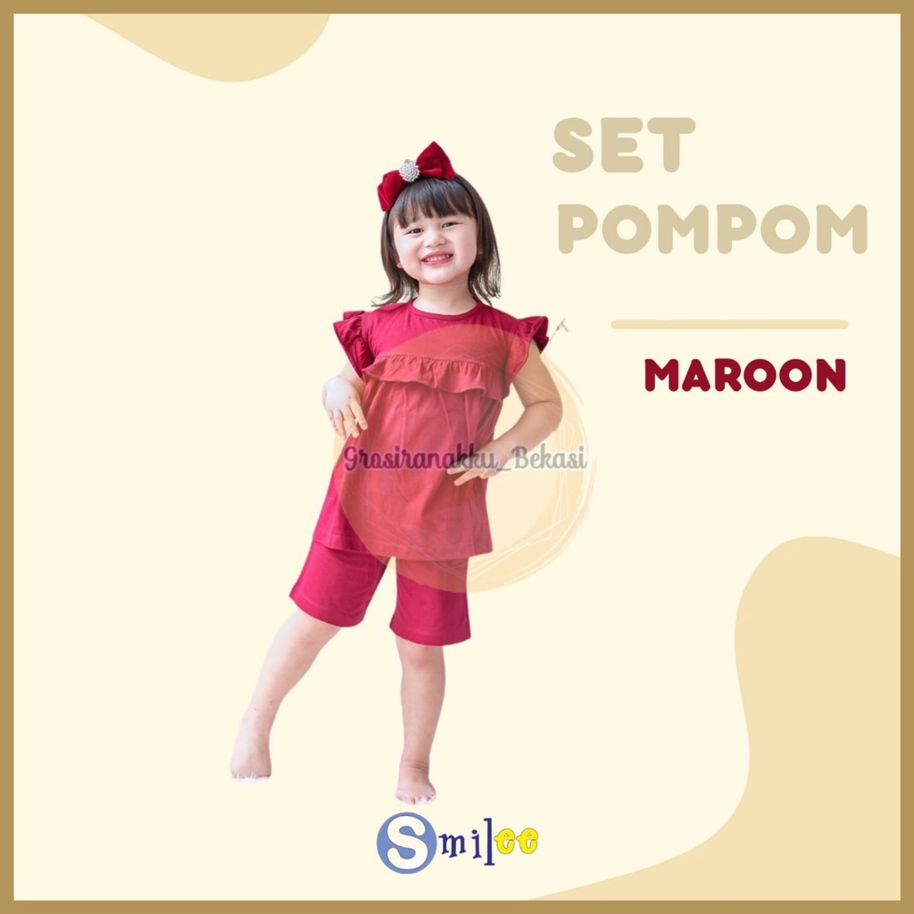 Setelan Anak Kaos Smilee Pompom Warna Maroon size 1-5Tahun