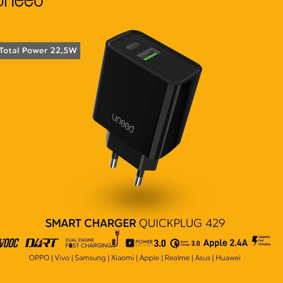 ✪COD✪ UNEED Smart Charger VOOC / Dual Engine / QC 3.0 / PD 3.0 / Dart Charge | AFC - UCH429