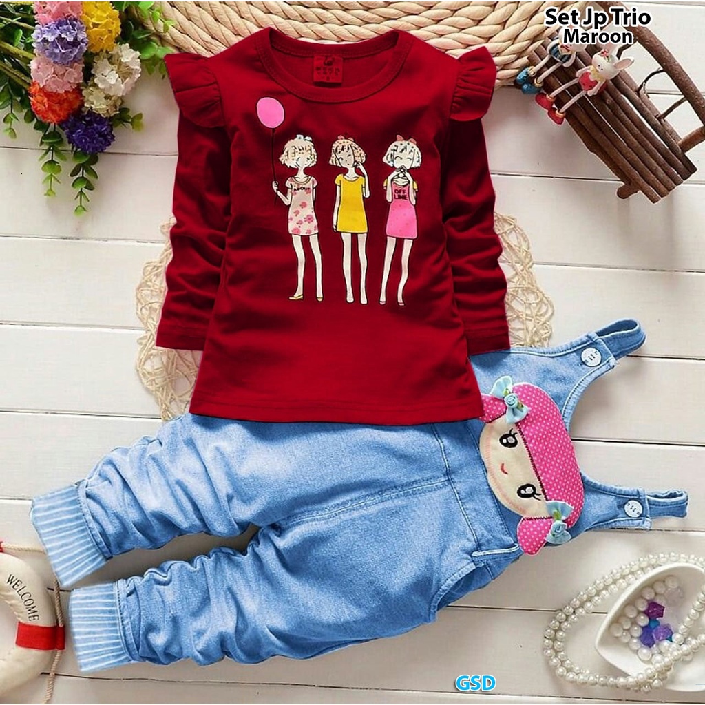 St jp trio/Setelan Jumpsuit Anak Cewek / Jumpsuit Katun Denim Anak Usia 4-7 Tahun / Pakaian Anak Kecil