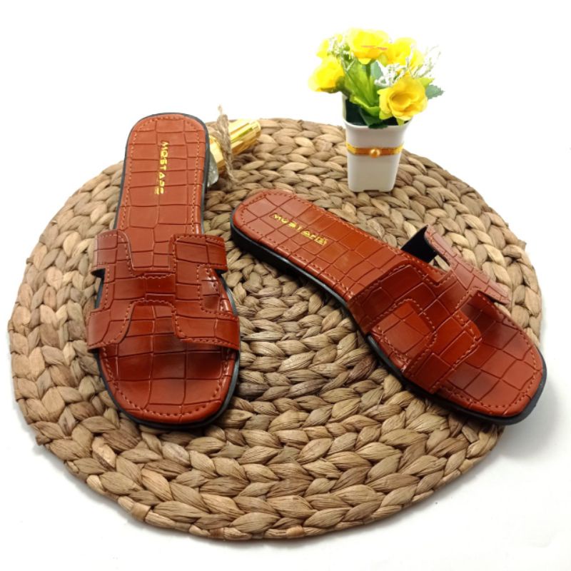 mqstars- Sandal Flat Wanita Croco Terbaru/Sendal Selop Teplek Slip on