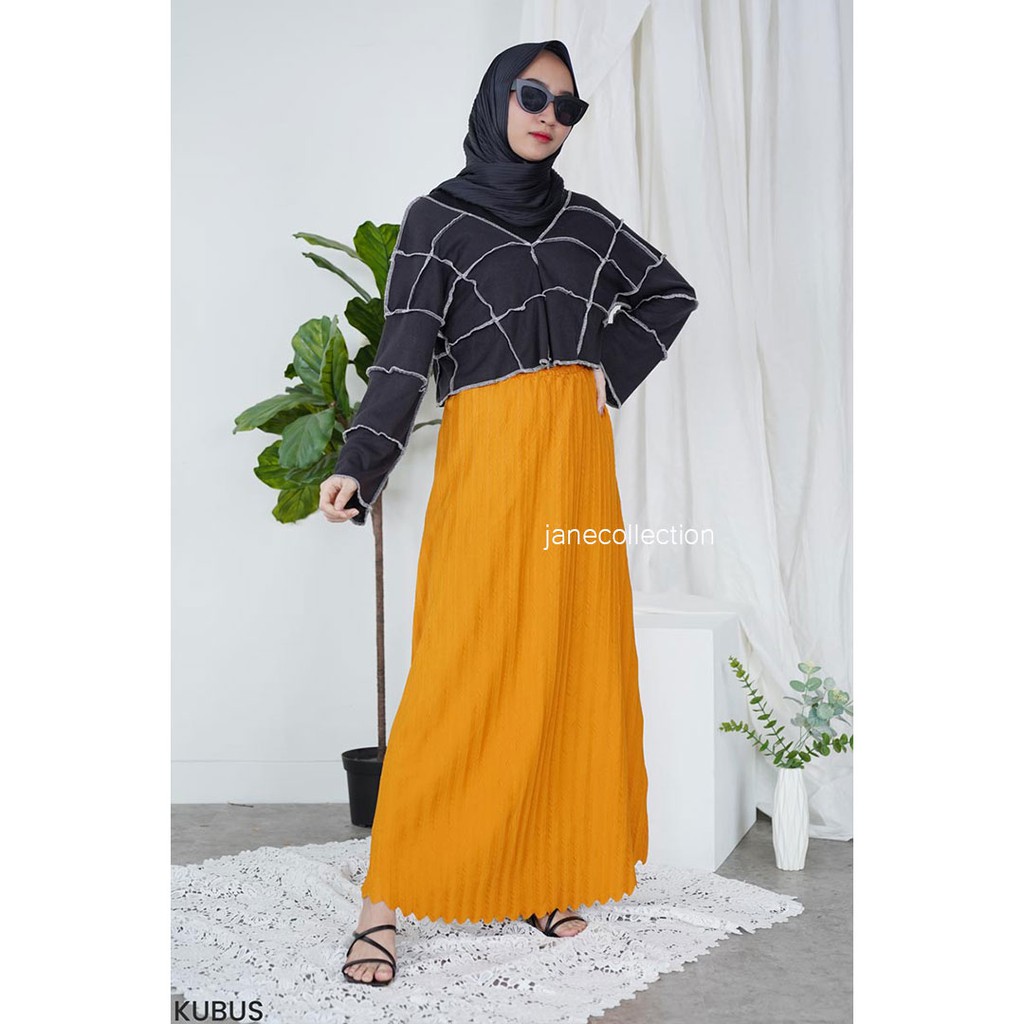 JANE COLLECTION || Maxi Skirt Bawahan Rok Hitam Hijab Muslim Mayung Hyget Plisket Motif Padi A Line [ Hitam Kuning Mustard Milo Mocca Dark Grey Abu Tua ] - Ishana Skirt