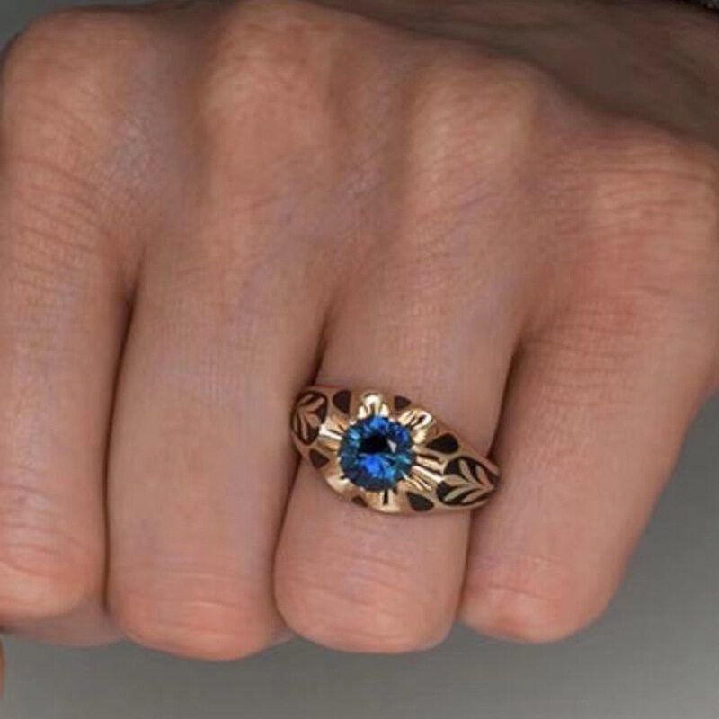 Cincin Lapis Emas 18k Gaya Vintage Dengan Kristal Warna Biru Untuk Pria