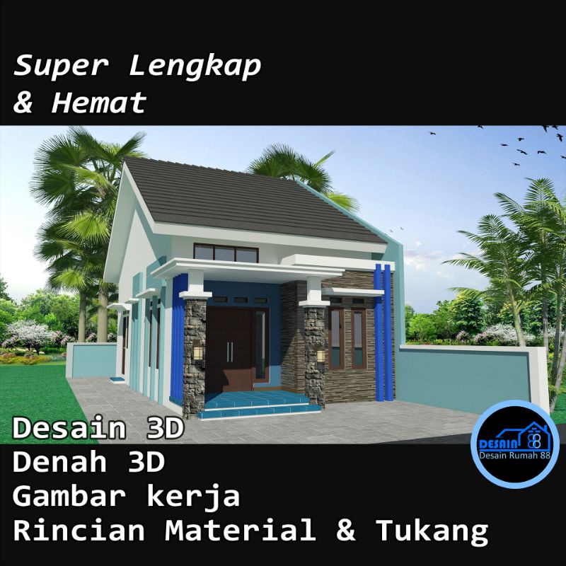 Desain Rumah 6x12 m + Gudang ( Desain 3D + Gambar Kerja + Material Tukang )