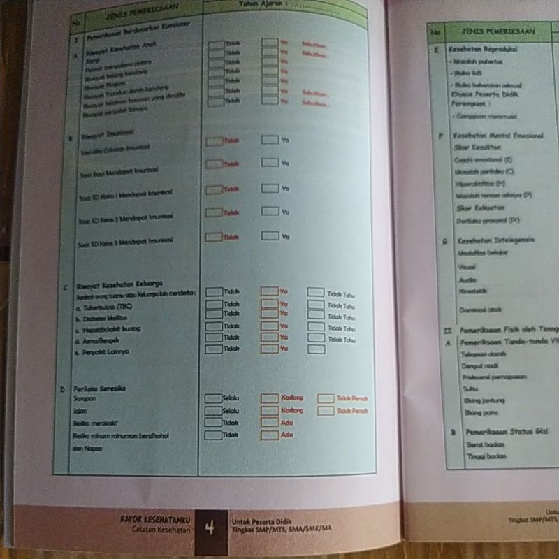 Rapor Kesehatan | Catatan Kesehatan SMP MTS SMA SMK MA