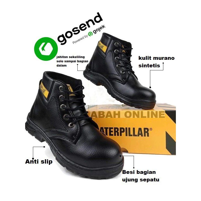 SEPATU SAFETY KERJA PROYEK PABRIK UJUNG BESI / SAFETY SHOES CATERPILLAR PRIA DAN WANITA / SEPATU KERJA CAFE RETORAN SPBU POM BENSIN ANTI SLIP / SEPATU BOOTS SAFETY MOTOR TOURING MOGE COWOK CEWEK