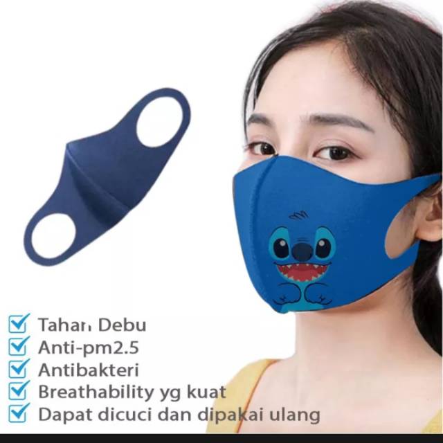 Masker mulut korea motif bahan kain scuba tebal motif Stitch