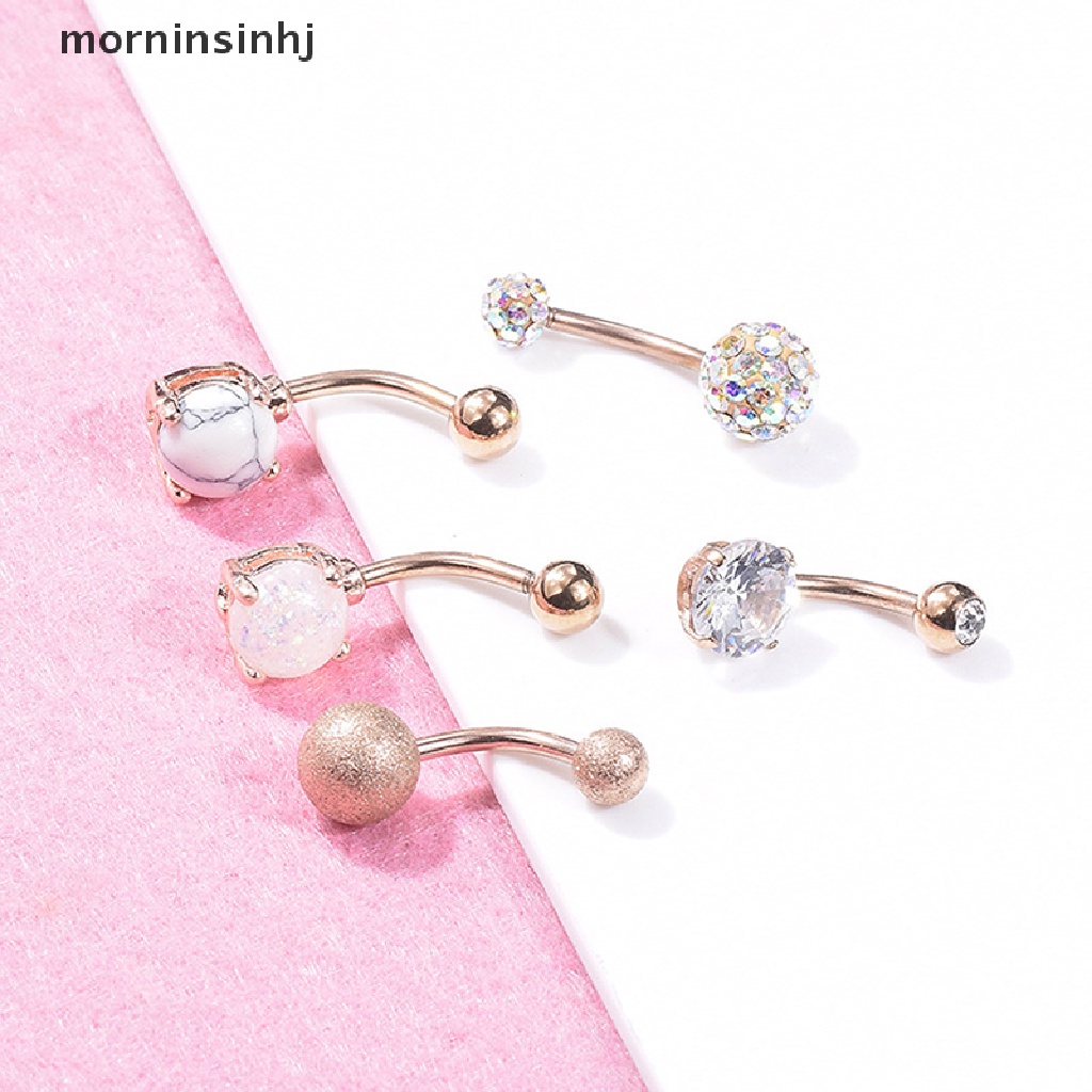 Mornin 1 Set Anting Tindik Perutpusar Model Barbel Hias Kristal Berlian Imitasi Untuk Wanita