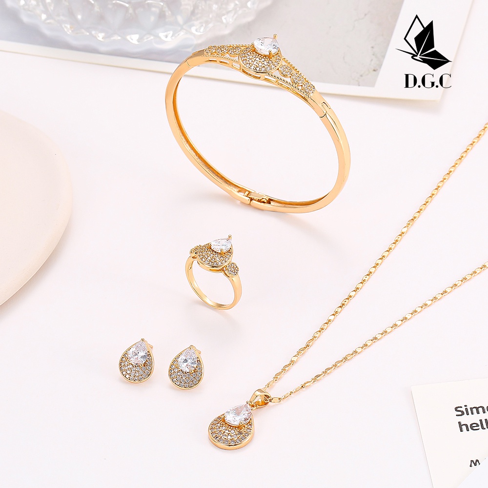 D.G.C COD Dewasa Titanium Lapis Emas Set Perhiasan Titanium Anti Karat Anting Korea Kalung Wanita Gelang Tangan Wanita Cincin