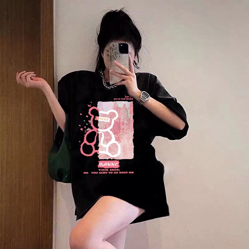 baju kaos wanita lengan pendek/bear printing t-shirt/korea style oversize kaos putih