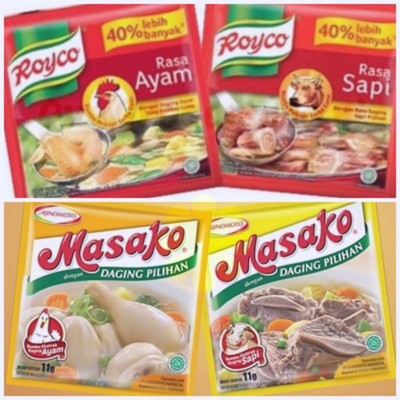

ROYCO DAN MASAKO BUMBU KALDU PENYEDAP MAKANAN RASA AYAM DAN SAPI (1 renceng)