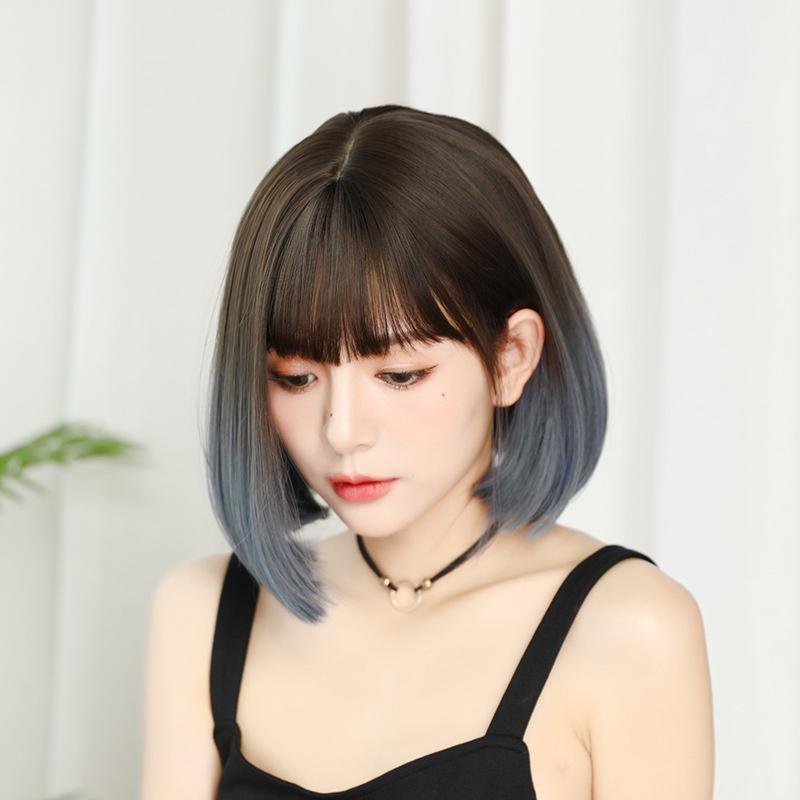 WDA-22 wig daily lolita jepang gradasi abu gray rambut palsu lurus pendek bob hitam