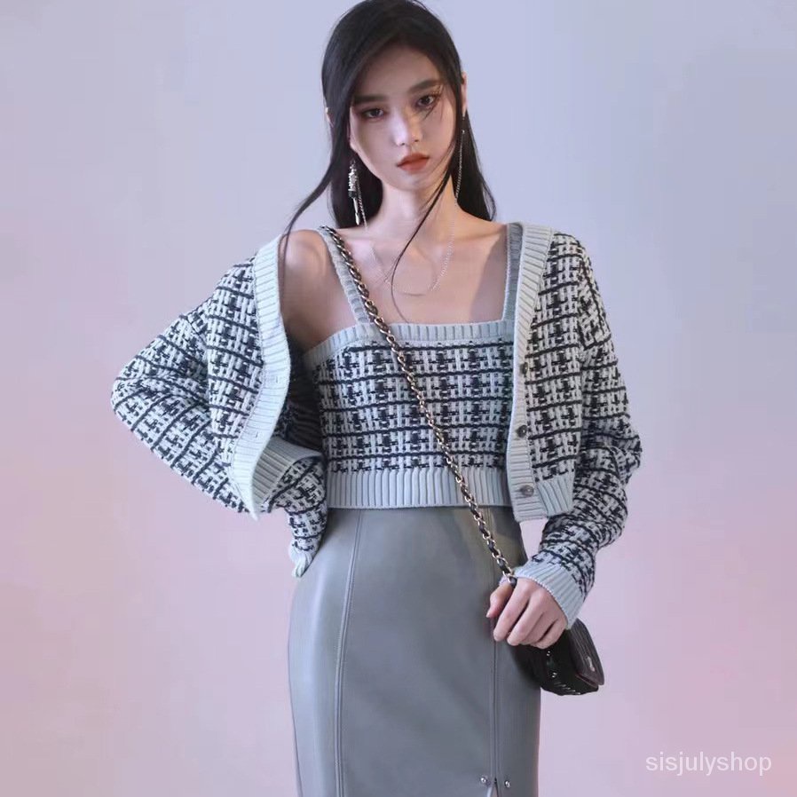 #Sisjuly# Pakaian Rajut Wanita Baru Kotak-kotak Pendek Lengan Panjang Rajutan Dua Potong Jaket Pakai