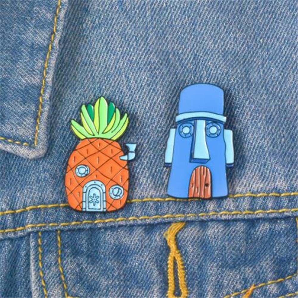 Needway   SpongeBob SquarePants Ransel Hadiah Untuk Wanita Pria Kerah Bros Perhiasan Aksesoris Bob Nanas Squidward Badge Pin Enamel Pin