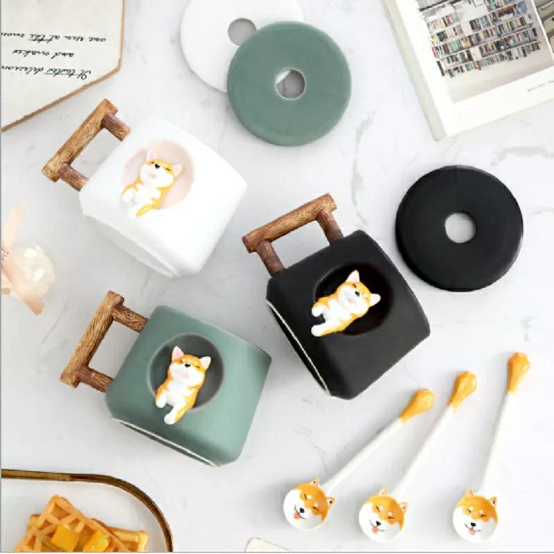 Mug Keramik Hachiko Shiba Inu Sendok Tutup Kado Ultah Souvenir Cangkir Gelas Lucu Unik Birthday Gift