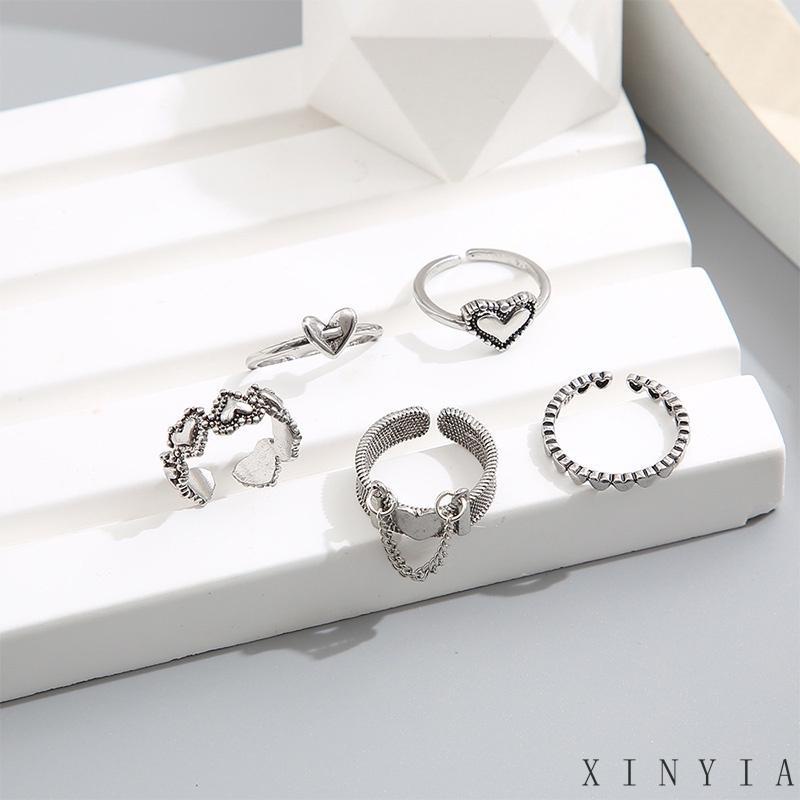 5pcs / Set Cincin Jari Telunjuk Model Terbuka Desain Hati Hollow Gaya Retro