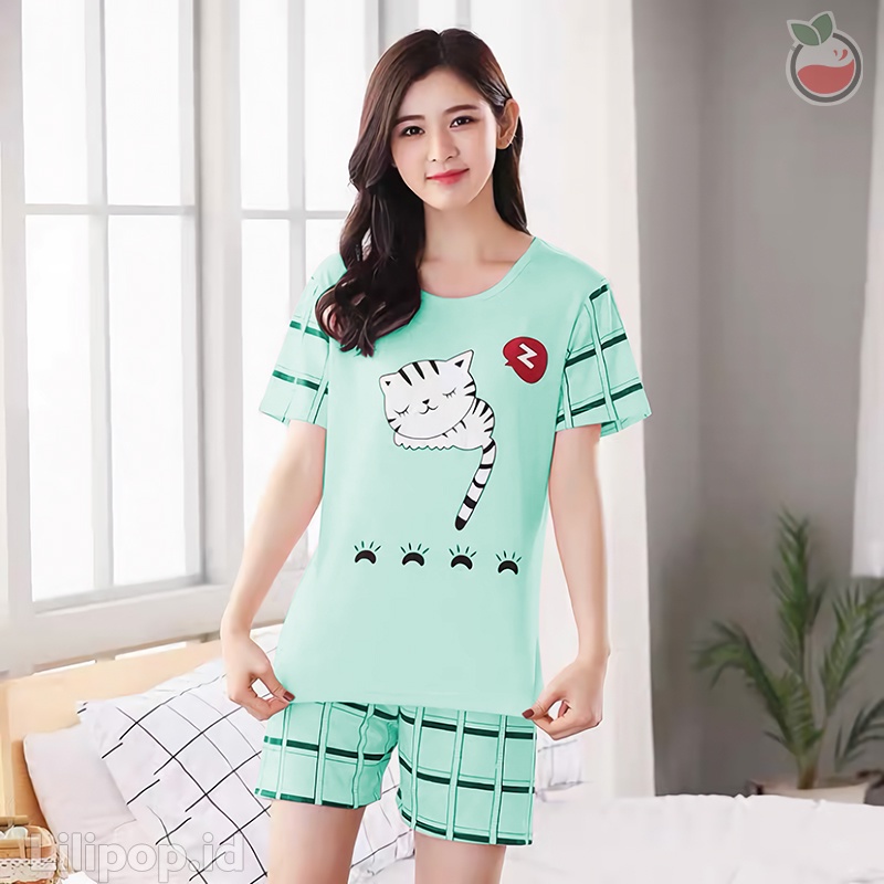 Lilipop.id  Baju Tidur Wanita Sleep Cat HP Hot pants Celana Pendek Allsize Baby Doll Bahan Kaos Dewasa