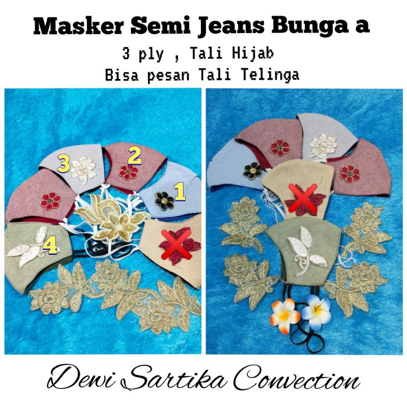 Masker semi jeans bunga 3 ply