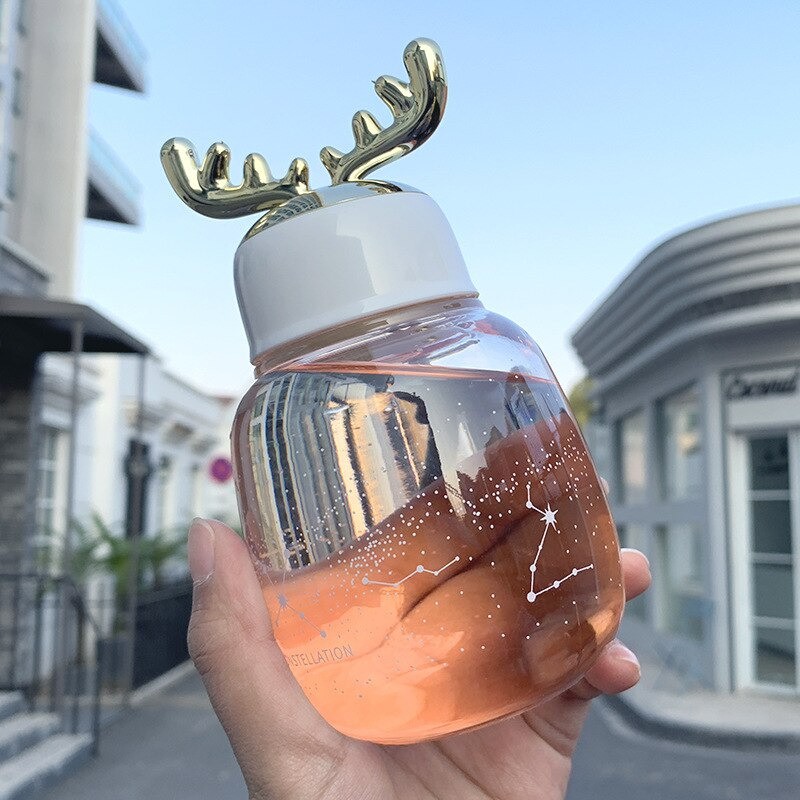 Botol Minum Kaca 3D / Korean Fashion 3D Antlers Glass Cup 300ml - GOLD / Botol Kaca / Hadiah