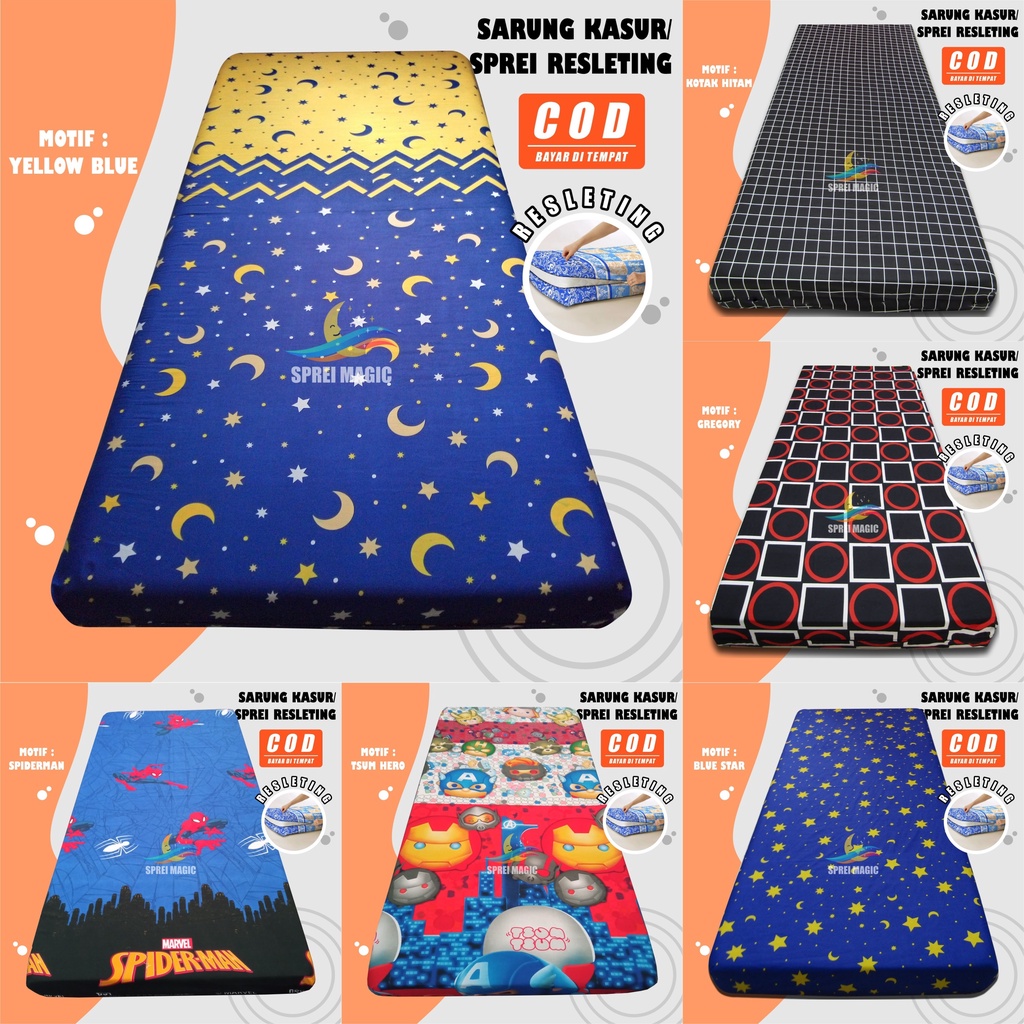 SARUNG KASUR BUSA SPREI RESLETING 100X200X10 MOTIF POLOS DAN KARAKTER BAHAN KAIN KATUN U100T10