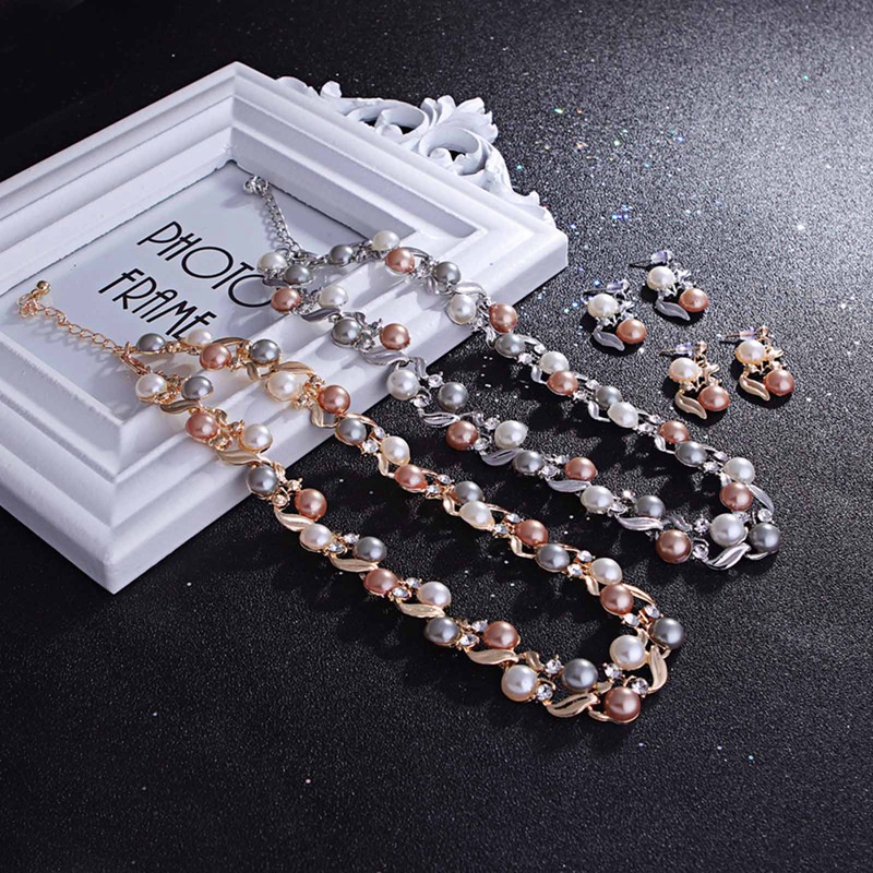 Women Faux Pearls Rhinestone Chain Necklace Earrings Wedding Bride Jewelry Set