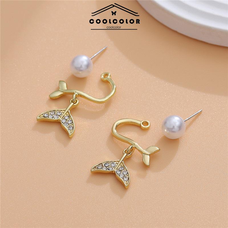 CODPearl Fishtail Back Hanging Earrings Wanita High-end Cahaya Mewah Penuh Berlian Anting Geometris- cl