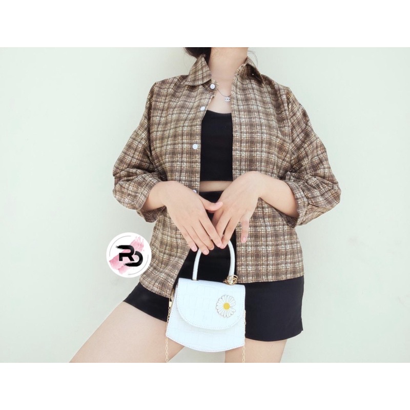 RD FASHION KEMEJA GUILEN OVERSIZE SHIRT BAHAN KATUN KOTAK YANDETH FIT L-Coklat kotak motif