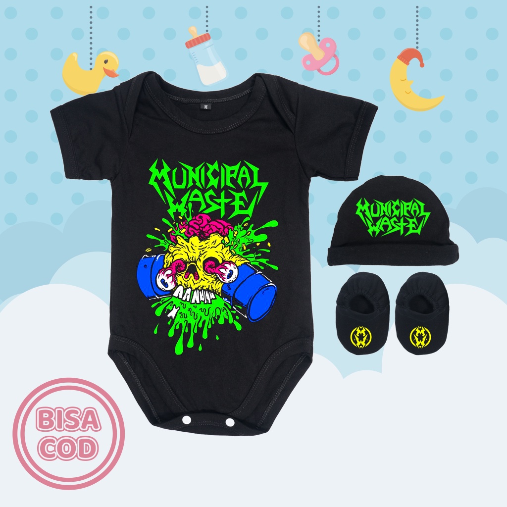 Baju Kodok Jumper Bayi Set Sepatu dan Topi Band Musik Crossover Thrash Municipal Waste