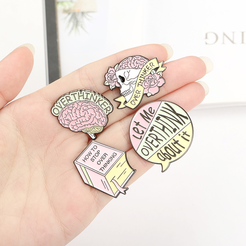 Bros Pin Enamel Desain Kartun Overthinker Brain Skull Book Untuk Hadiah Teman