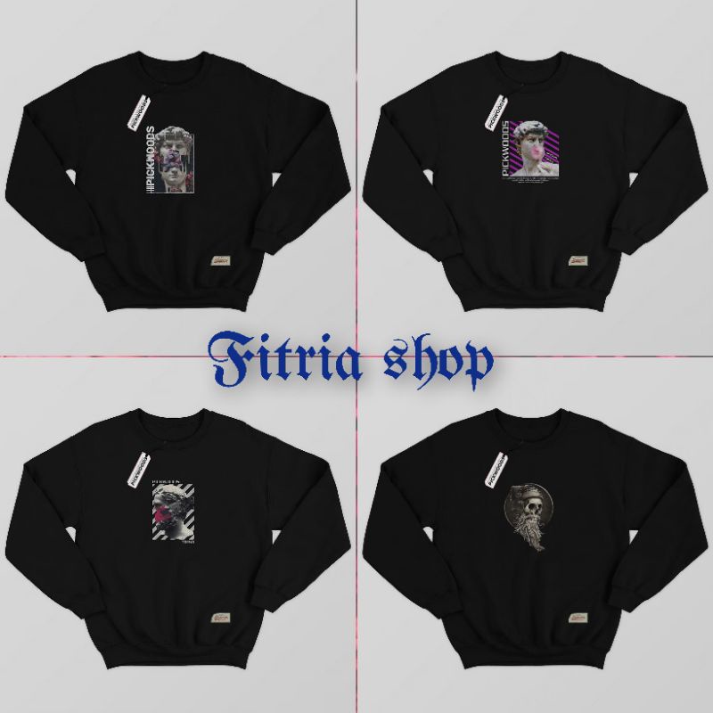 Sweater crewneck black motif simpel pria wanita Sweater Crewneck CN Yunani Original pickwoods