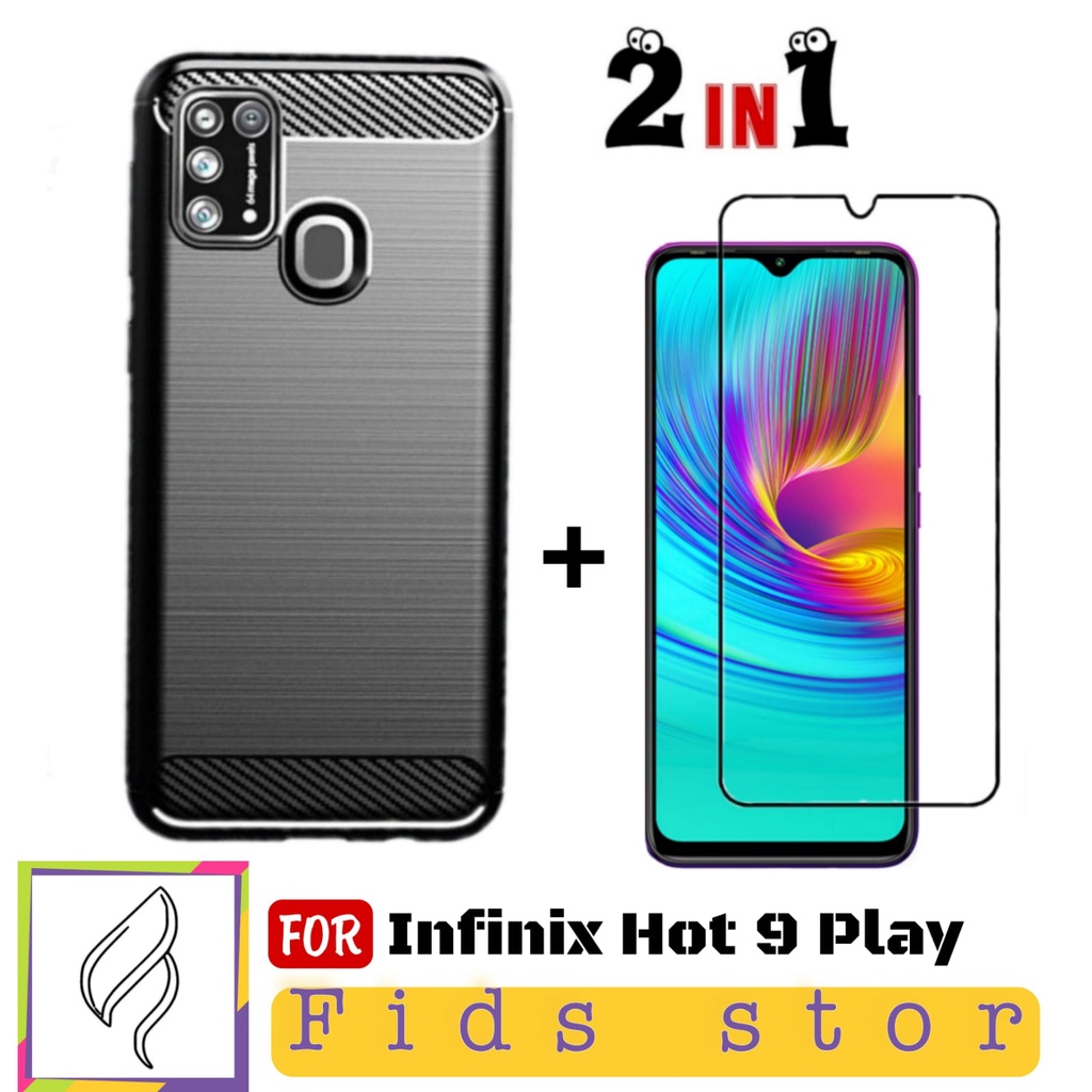 PROMO 2in1 Case Ipaky Carbon Fiber INFINIX Hot 9 Play Free TEMPERED GLASS Full Cover Black