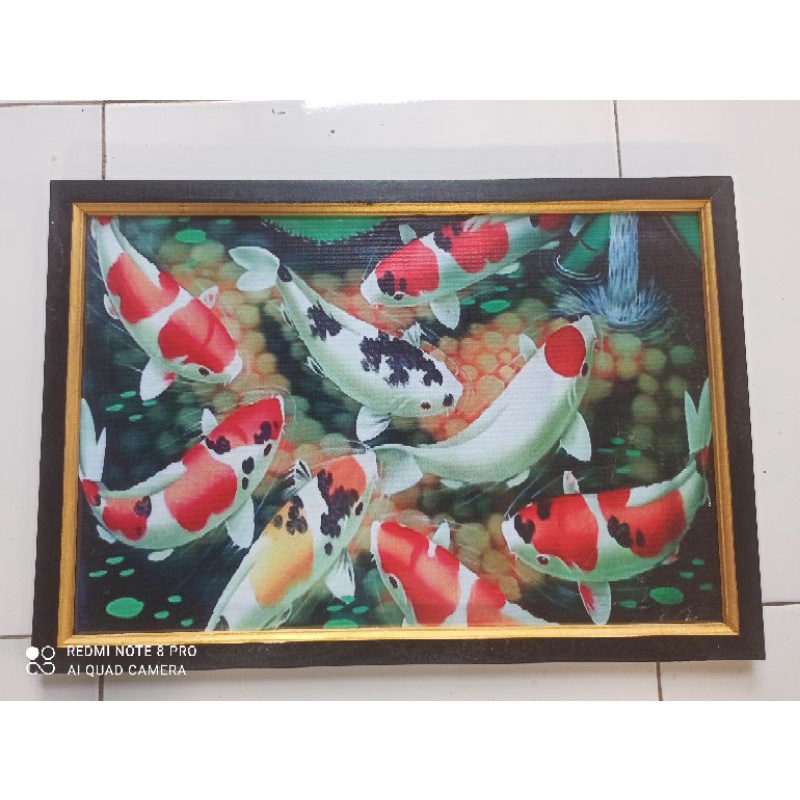 Hiasan dinding cetak gambar lukisan ikan koi plus bingkai ukuran 35x52cm