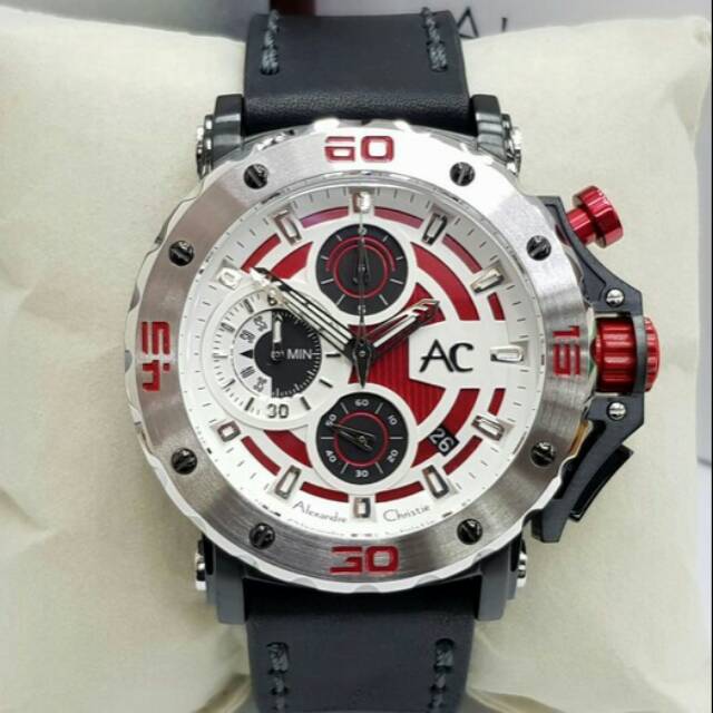 JAM TANGAN PRIA ALEXANDRE CHRISTIE 9205 COWOK KULIT BLACK RING WHITE ORIGINAL