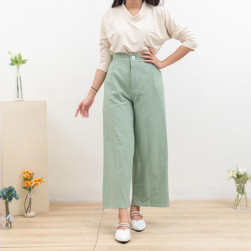 AWW Highwaist Kulot Linen Premium Kancing