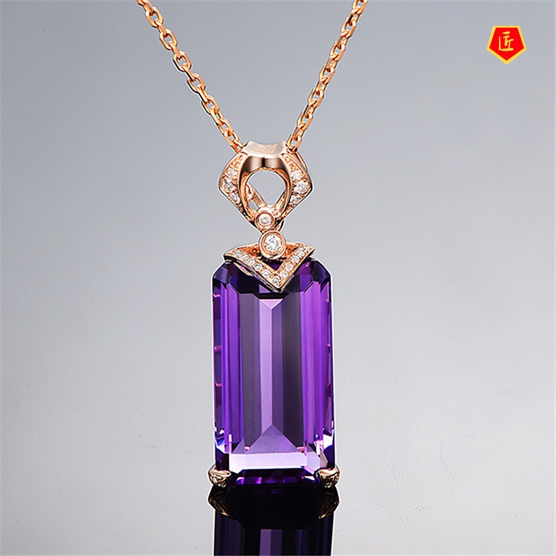 [Ready Stock]Luxurious Style Rectangular Amethyst Gemstone Pendant for Women