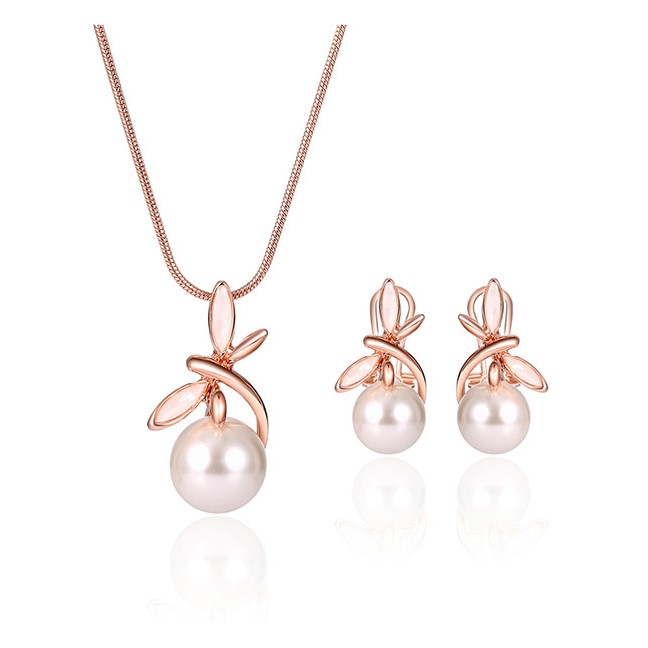 LRC Perhiasan set Fashion Rose Gold Dragonfly&amp;pearl Pendant Decorated Color Matching Jewelry