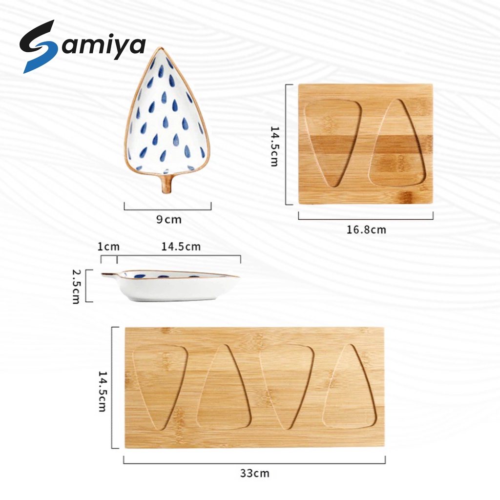 leaf ceramic saucer plate dessert with bamboo tray / piring keramik set snack cemilan bentuk daun