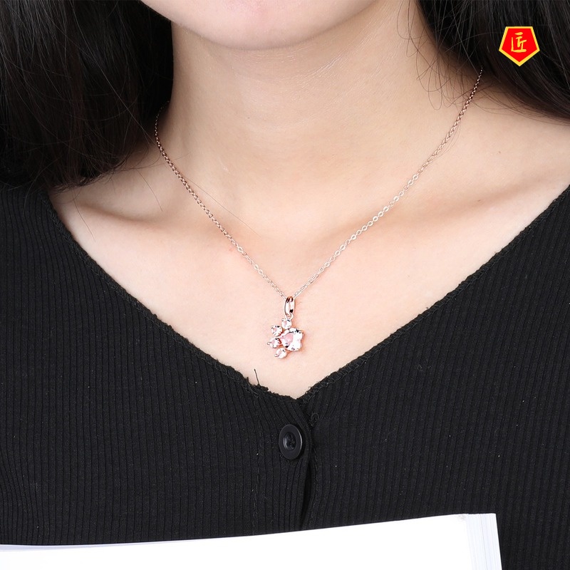 [Ready Stock]European and American Fashion Popular Necklace Footprints Pink Zircon Pendant