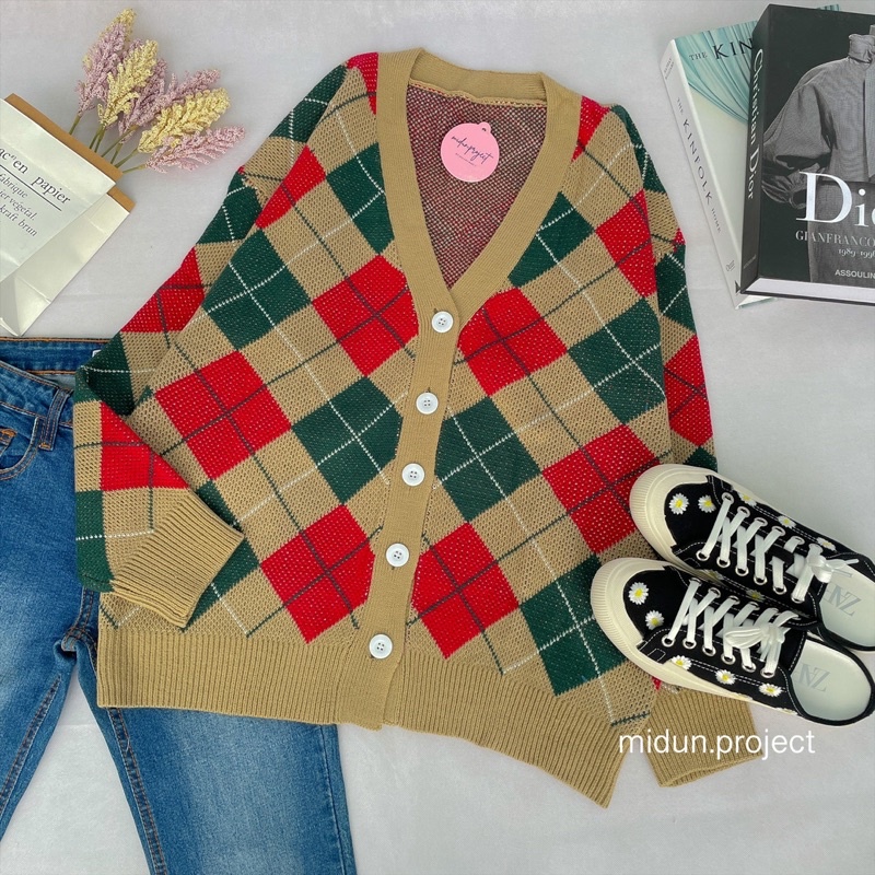 CATRINE CARDY | CARDIGAN MOTIF ALA TAEHYUNG | KNITWEAR MOTIF KOTA KOTAK OVERSIZE