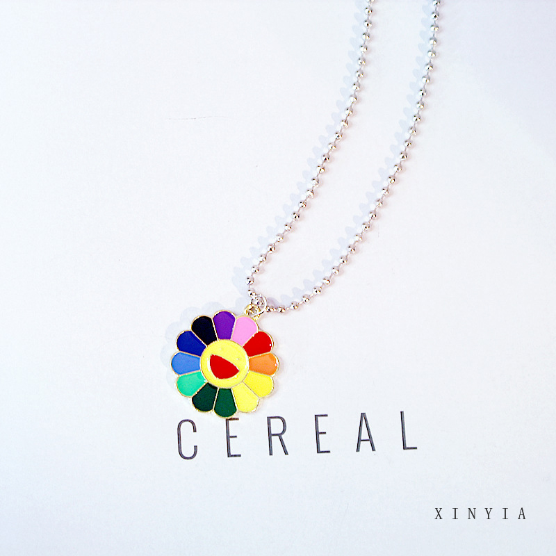 Harajuku Pasangan Jepang Kalung Rainbow Sun Flower Smiley Retro Pendant