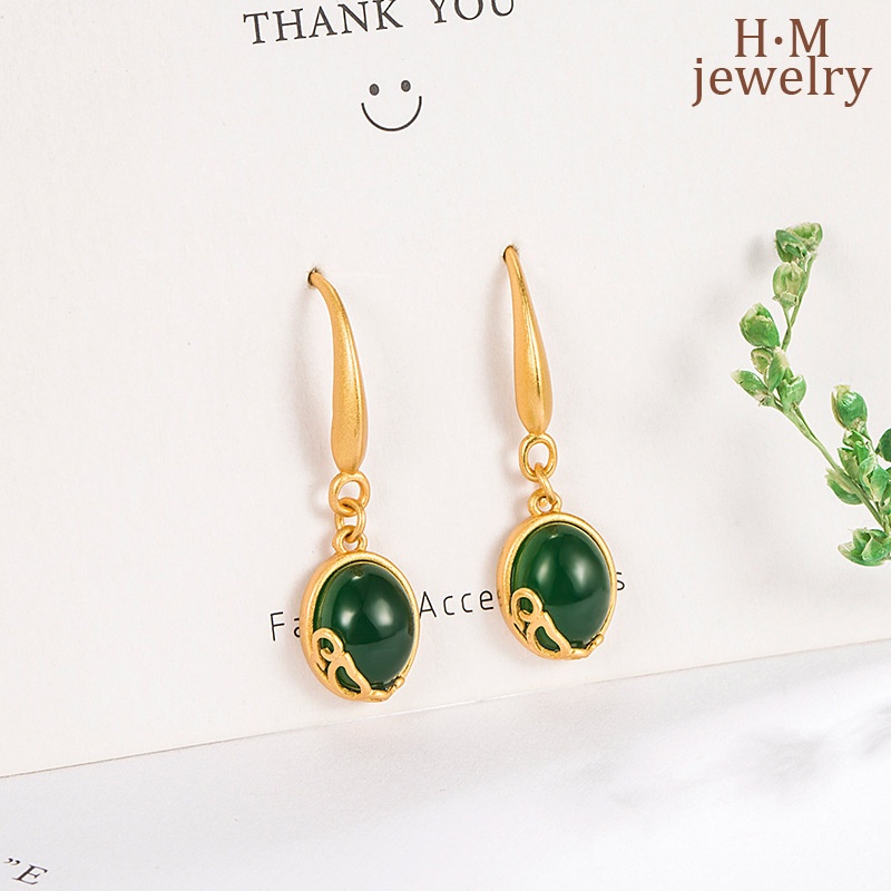 Anting Stud Giok Hetian Jasper Gaya Retro Perancis Untuk Wanita