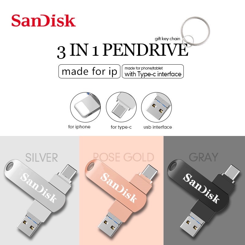 (Ship In 24 Jam) Flashdisk USB Tipe-c OTG 3 IN 1 Bahan Metal Anti Air Untuk iPhone